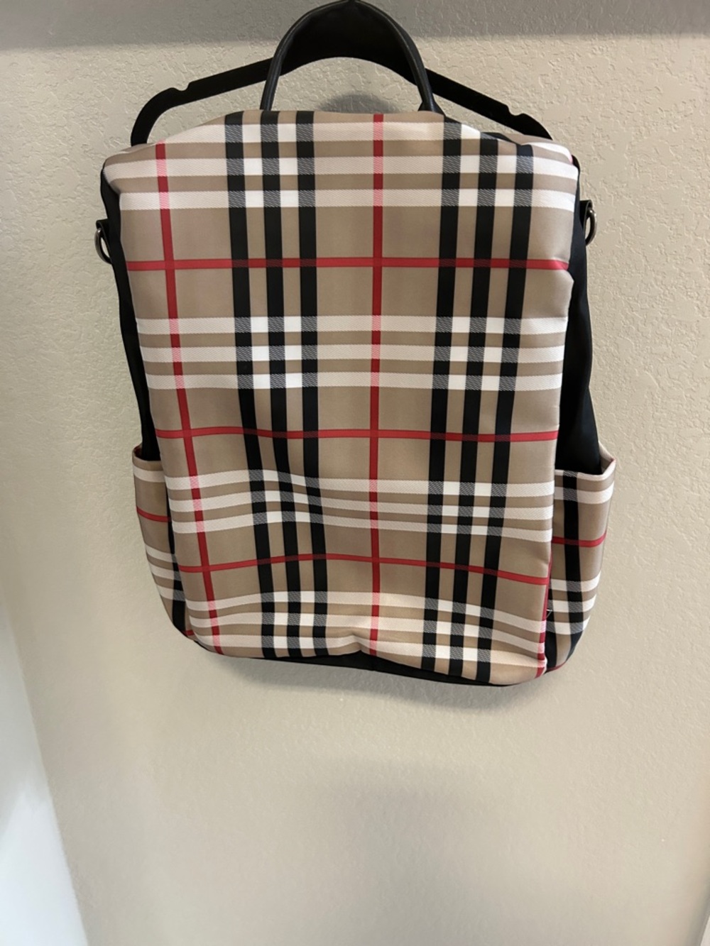 NWOT Plaid Canvas Backpack - Beige/Black/Red